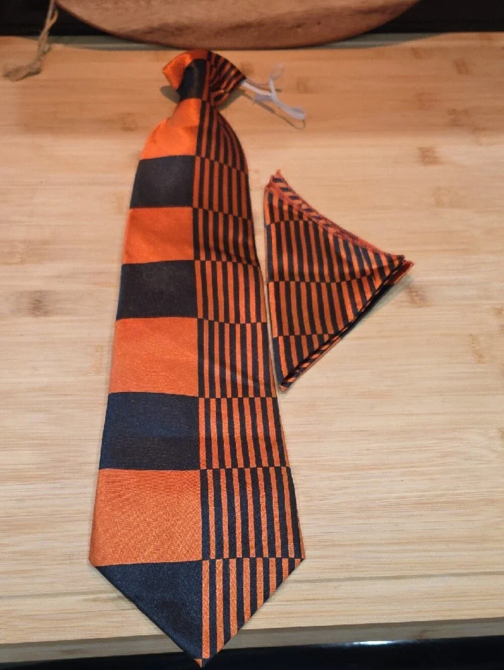 Men's Orange and Black Checker & Stripe Tie with Matching Pocket Square.